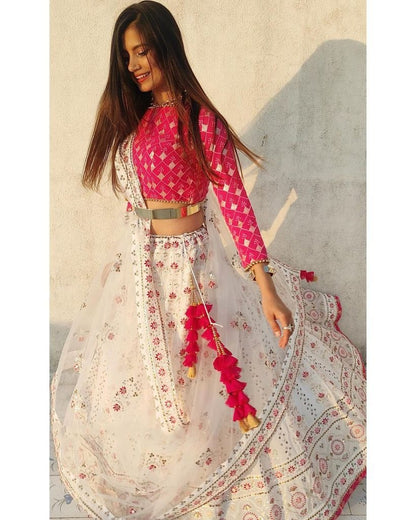 White georgette heavy embroidery sequins work wedding lehenga choli