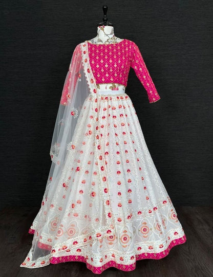 White georgette heavy embroidery sequins work wedding lehenga choli