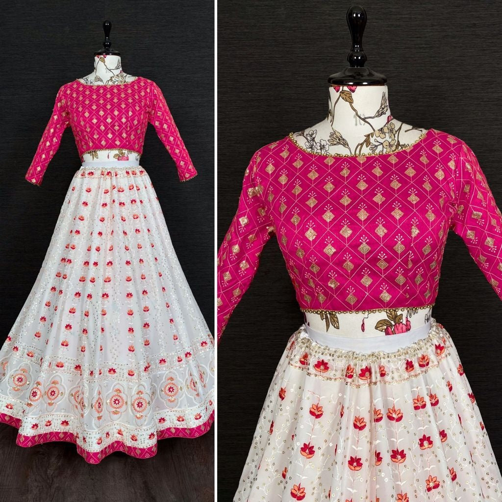 White georgette heavy embroidery sequins work wedding lehenga choli