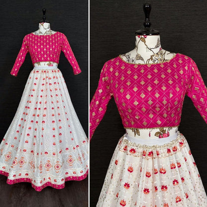 White georgette heavy embroidery sequins work wedding lehenga choli