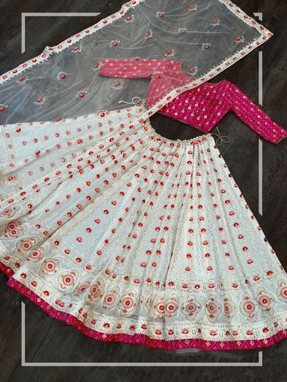 White georgette heavy embroidery sequins work wedding lehenga choli