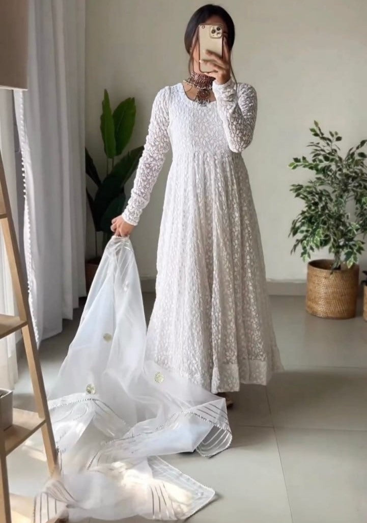 White georgette heavy embroidery work anarkali suit
