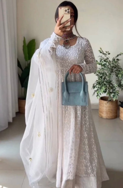 White georgette heavy embroidery work anarkali suit