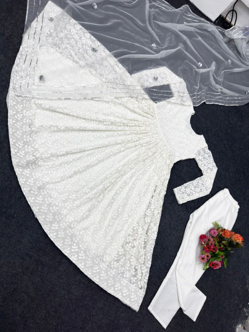 White georgette heavy embroidery work anarkali suit