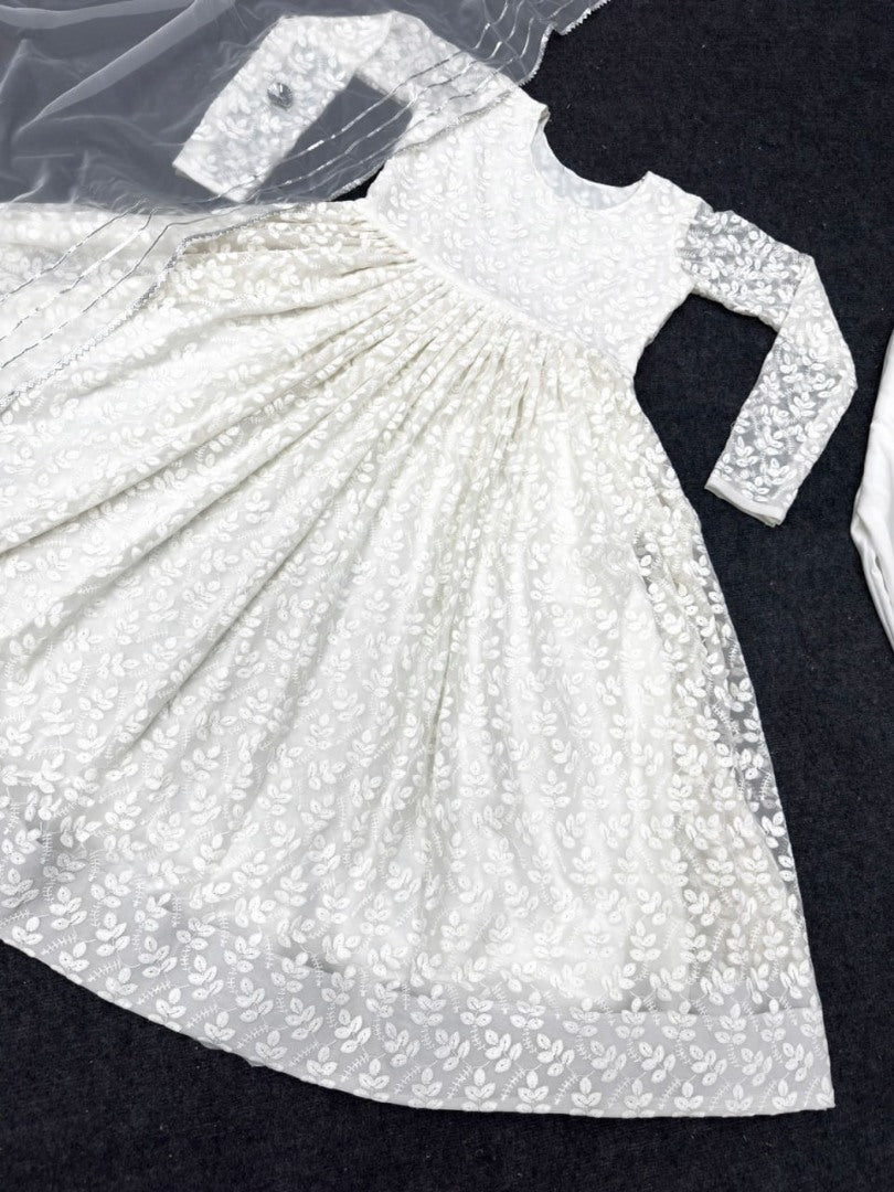 White georgette heavy embroidery work anarkali suit