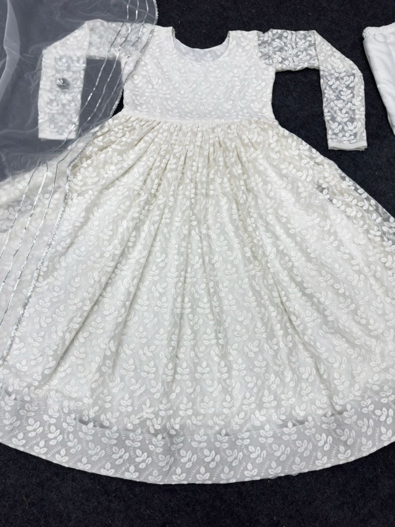 White georgette heavy embroidery work anarkali suit