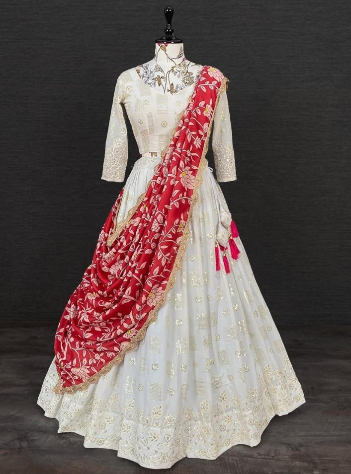 White georgette heavy embroidery work lehenga choli for ceremony