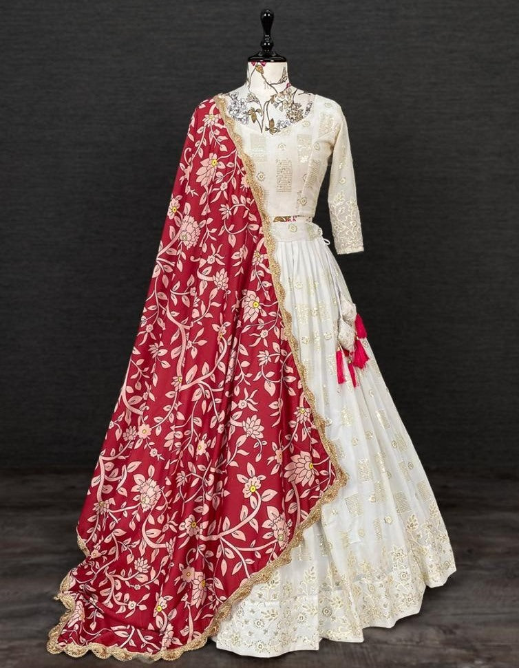 White georgette heavy embroidery work lehenga choli for ceremony