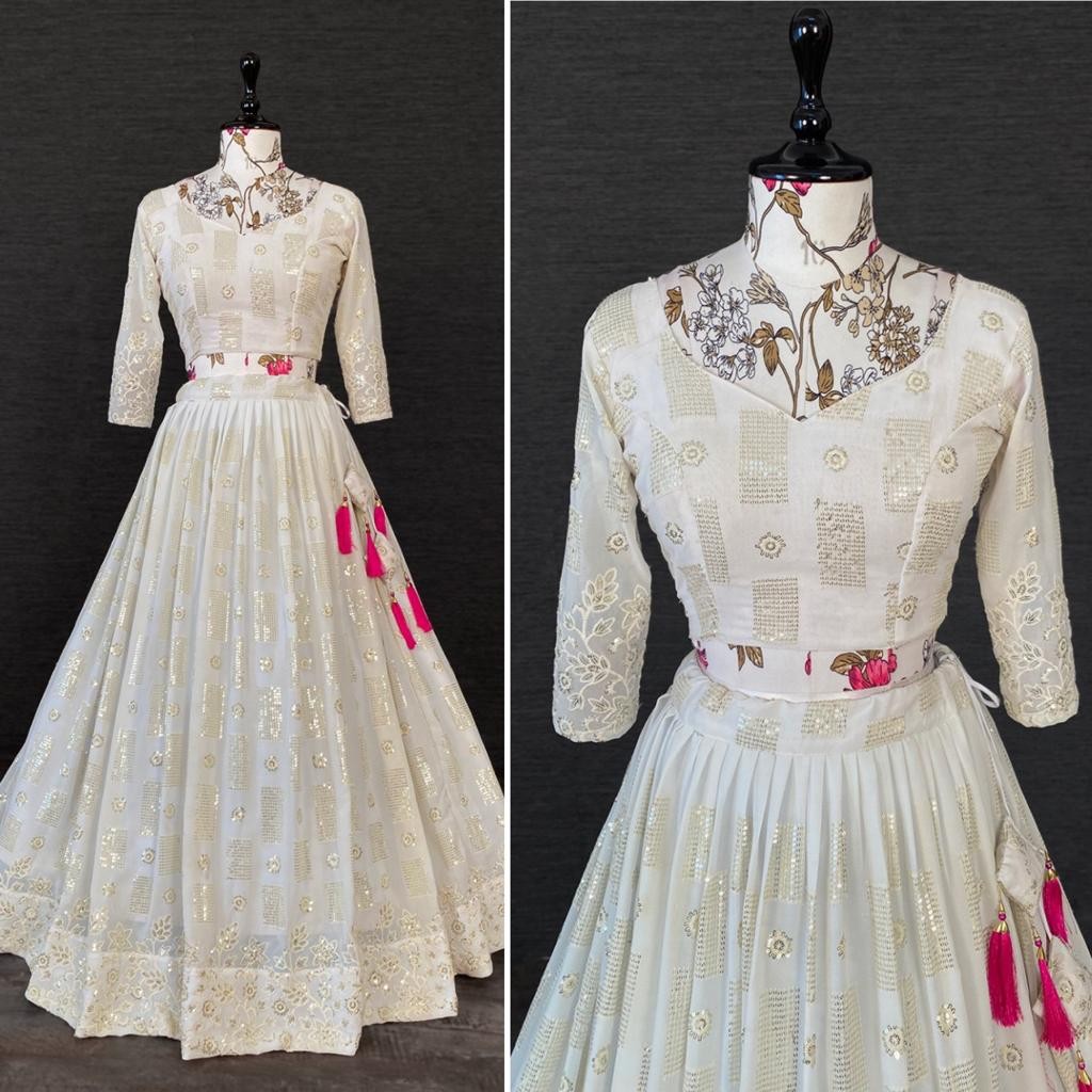 White georgette heavy embroidery work lehenga choli for ceremony