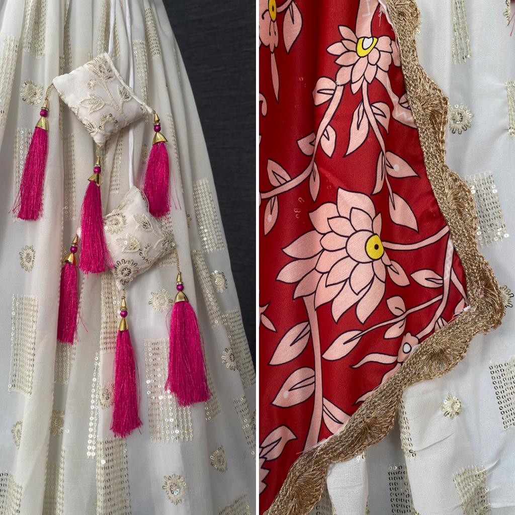 White georgette heavy embroidery work lehenga choli for ceremony