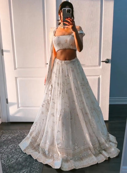 White georgette heavy embroidery work lehenga for ceremony