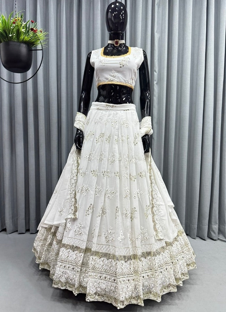 White georgette heavy embroidery work lehenga for ceremony