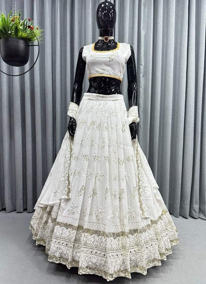 White georgette heavy embroidery work lehenga for ceremony