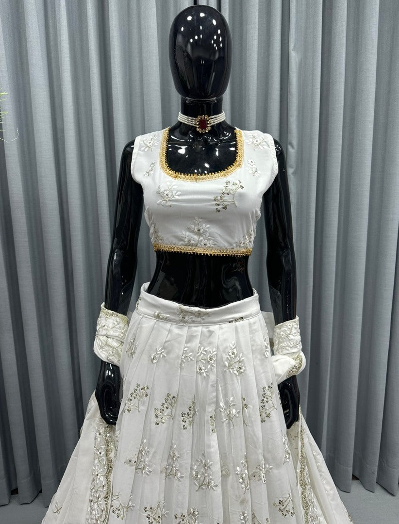 White georgette heavy embroidery work lehenga for ceremony