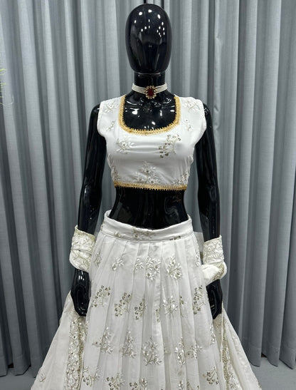 White georgette heavy embroidery work lehenga for ceremony