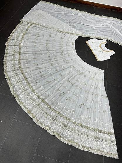 White georgette heavy embroidery work lehenga for ceremony