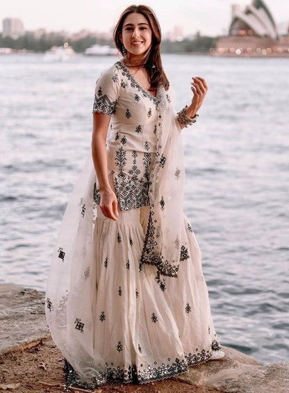 White georgette heavy embroidery work sara ali khan sharara suit