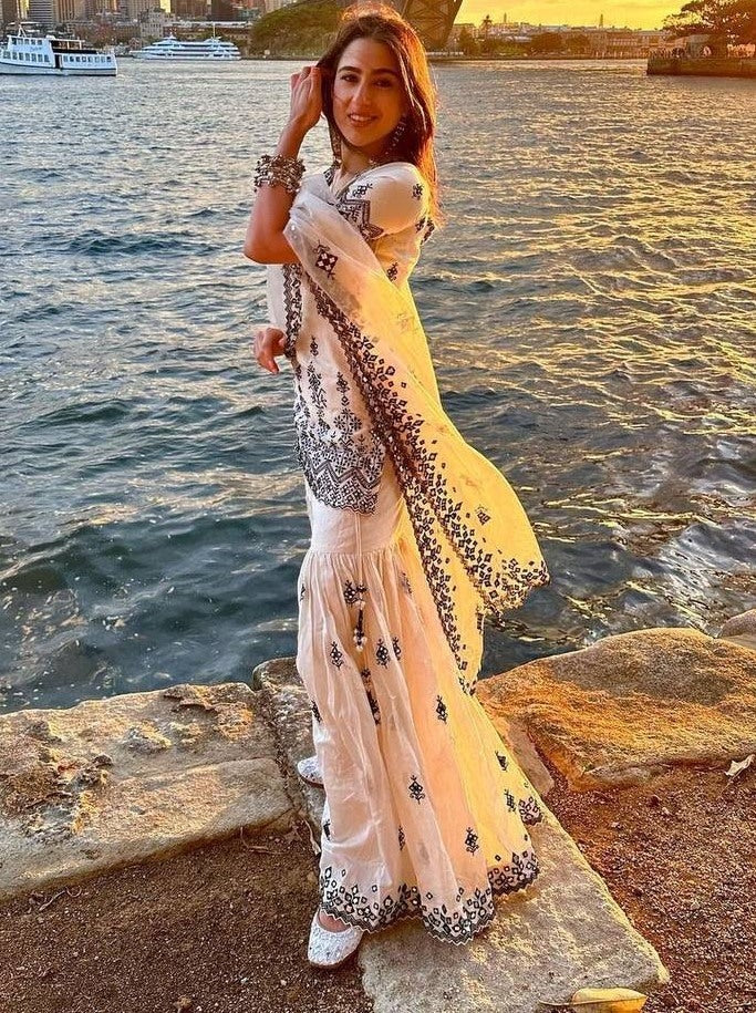 White georgette heavy embroidery work sara ali khan sharara suit