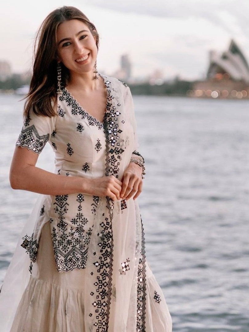 White georgette heavy embroidery work sara ali khan sharara suit