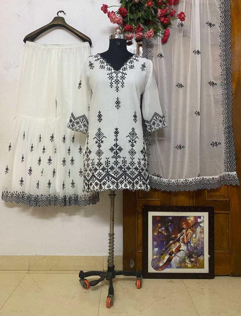 White georgette heavy embroidery work sara ali khan sharara suit