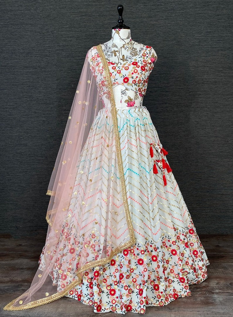 White georgette heavy multi embroidery work wedding lehenga choli
