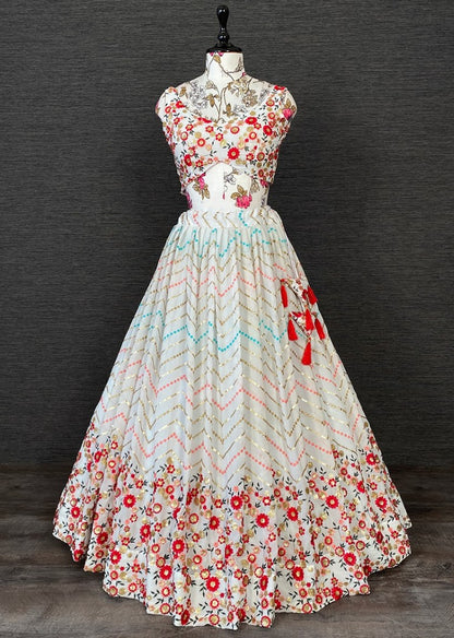 White georgette heavy multi embroidery work wedding lehenga choli