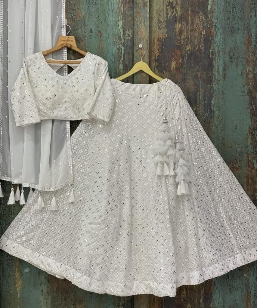 White georgette heavy sequence embroidery work wedding lehenga choli