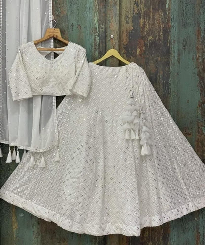 White georgette heavy sequence embroidery work wedding lehenga choli