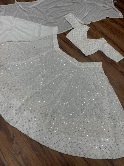 White georgette heavy sequence embroidery work wedding lehenga choli