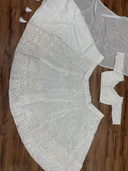 White georgette heavy sequence embroidery work wedding lehenga choli