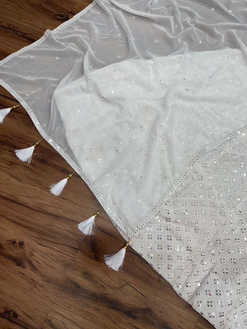 White georgette heavy sequence embroidery work wedding lehenga choli