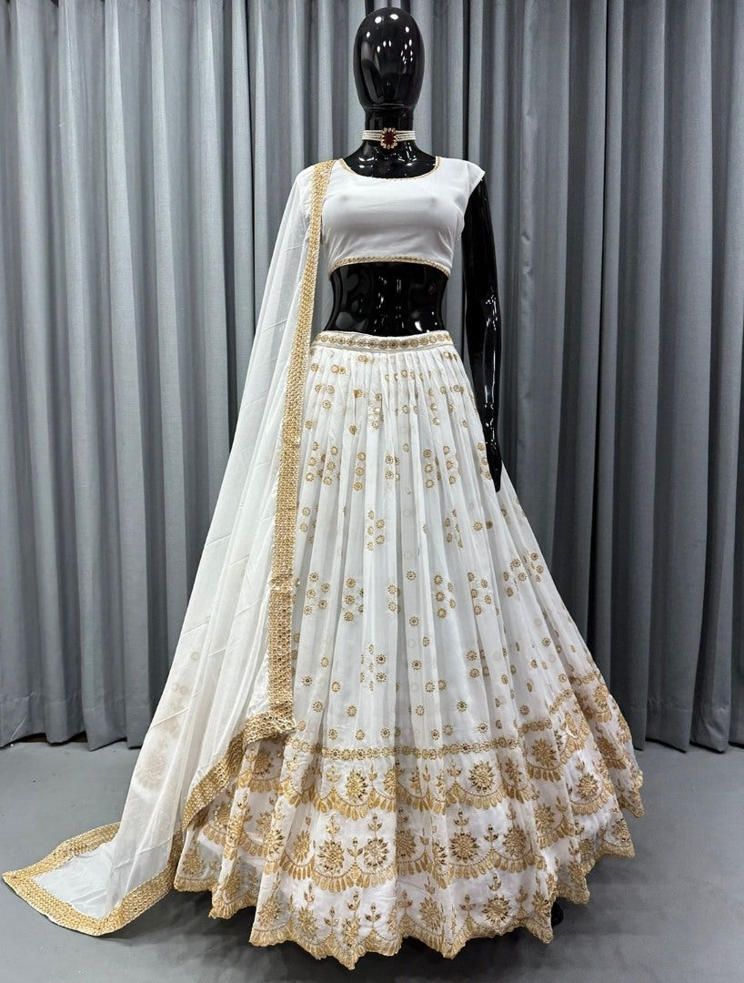 White georgette heavy sequence embroidery work wedding lehenga choli