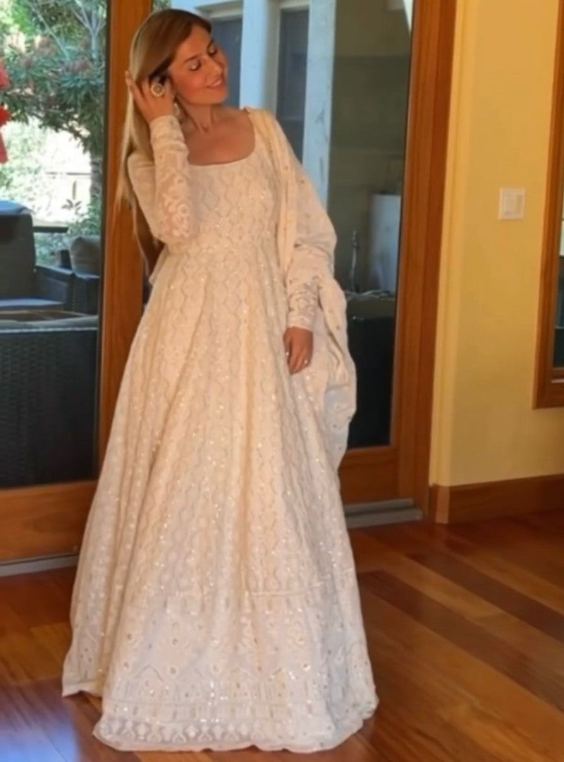 White georgette heavy sequence thread embroidery work gown for function