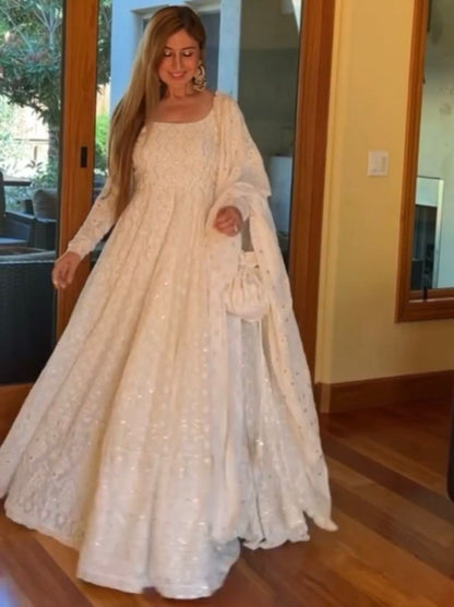 White georgette heavy sequence thread embroidery work gown for function