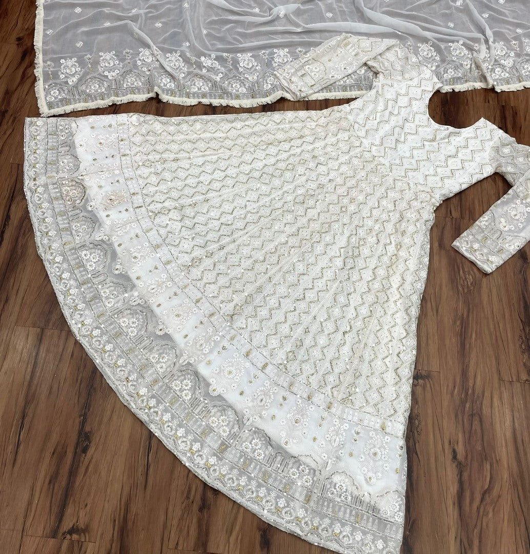 White georgette heavy sequence thread embroidery work gown for function