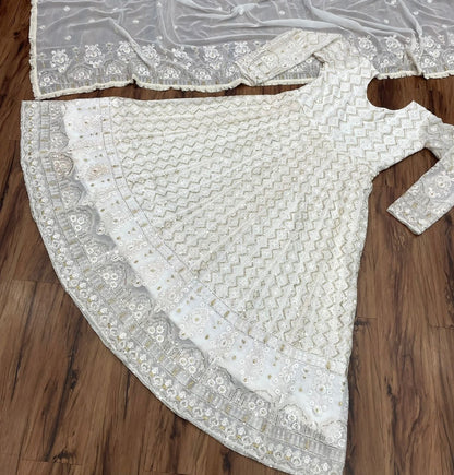 White georgette heavy sequence thread embroidery work gown for function