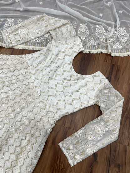 White georgette heavy sequence thread embroidery work gown for function