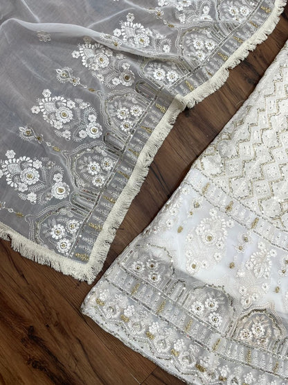 White georgette heavy sequence thread embroidery work gown for function