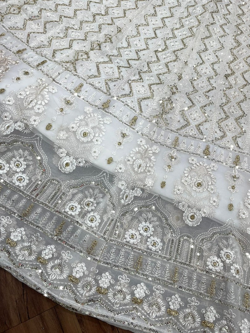 White georgette heavy sequence thread embroidery work gown for function