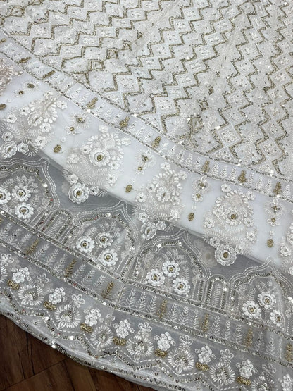 White georgette heavy sequence thread embroidery work gown for function