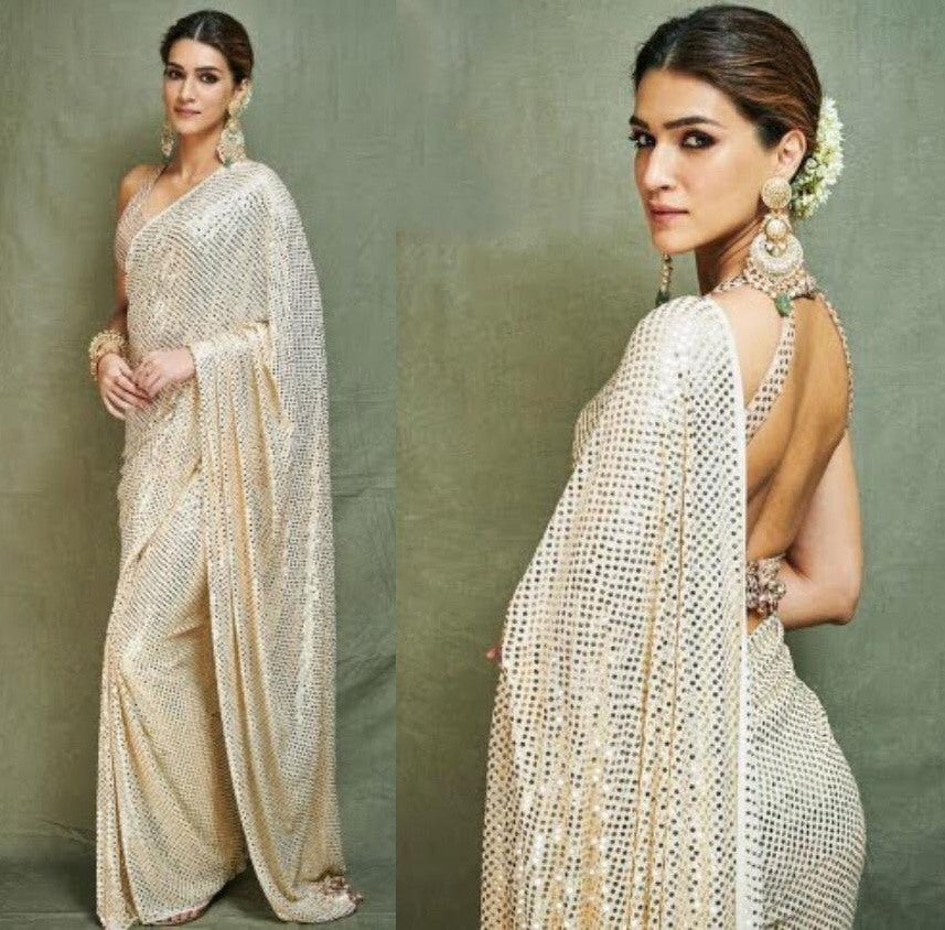 White georgette heavy sequence work partywear saree