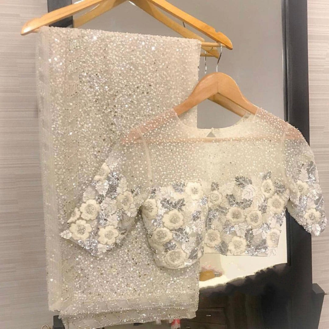 White georgette heavy sequence worked ceremonial saree