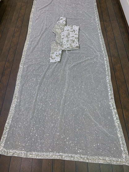 White georgette heavy sequence worked ceremonial saree