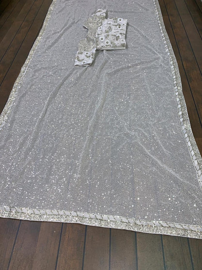 White georgette heavy sequence worked ceremonial saree