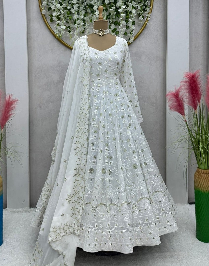 White georgette heavy thread sequence work gown for ceremony