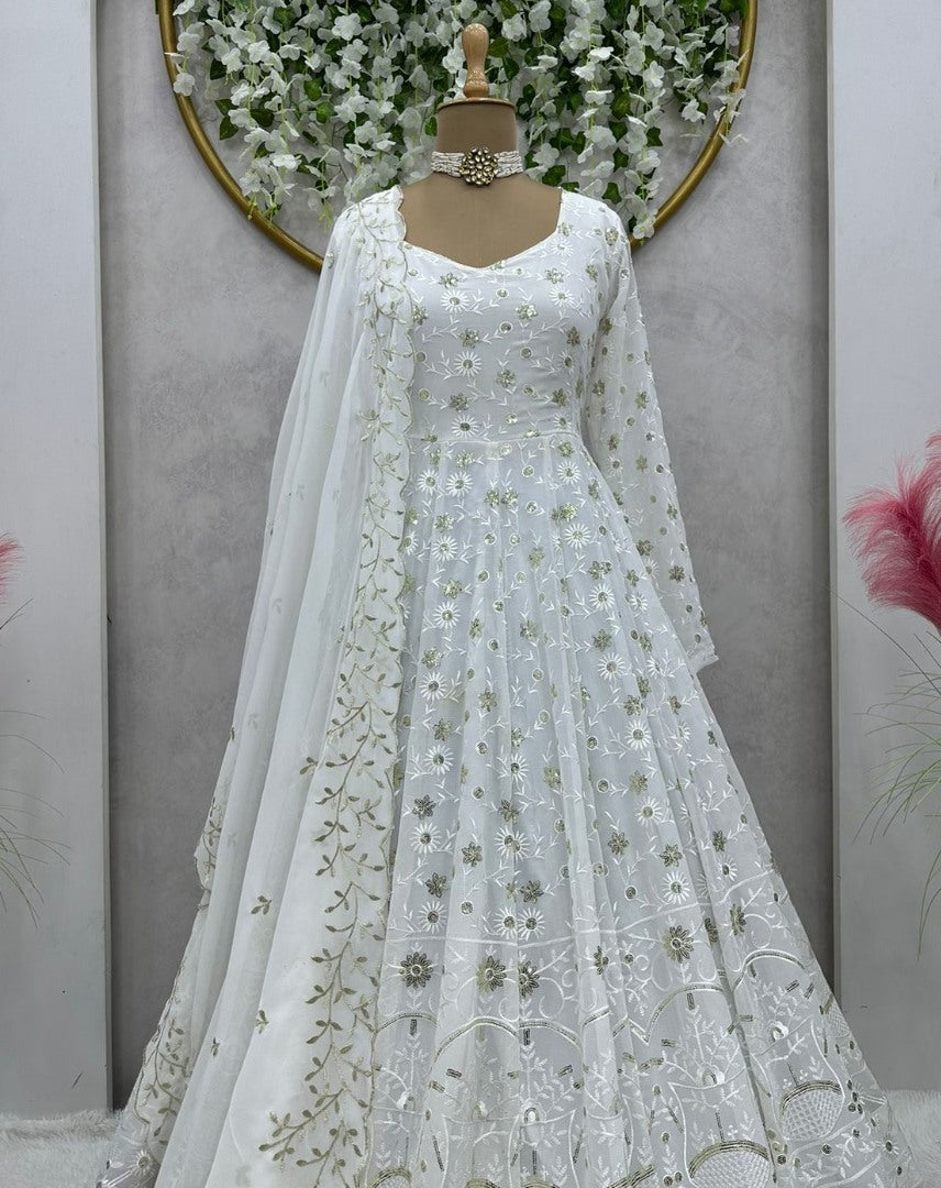 White georgette heavy thread sequence work gown for ceremony
