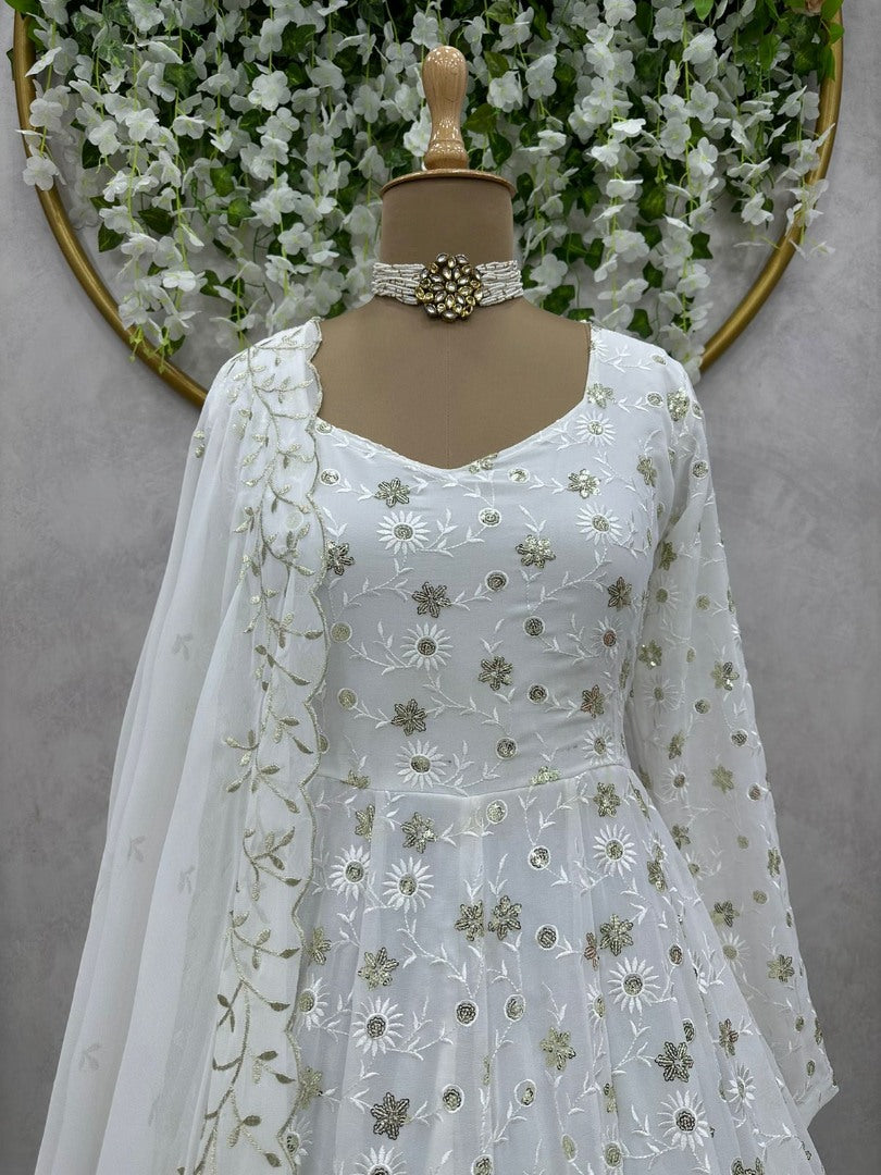 White georgette heavy thread sequence work gown for ceremony