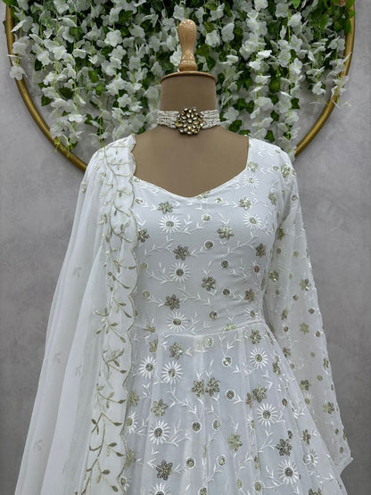 White georgette heavy thread sequence work gown for ceremony