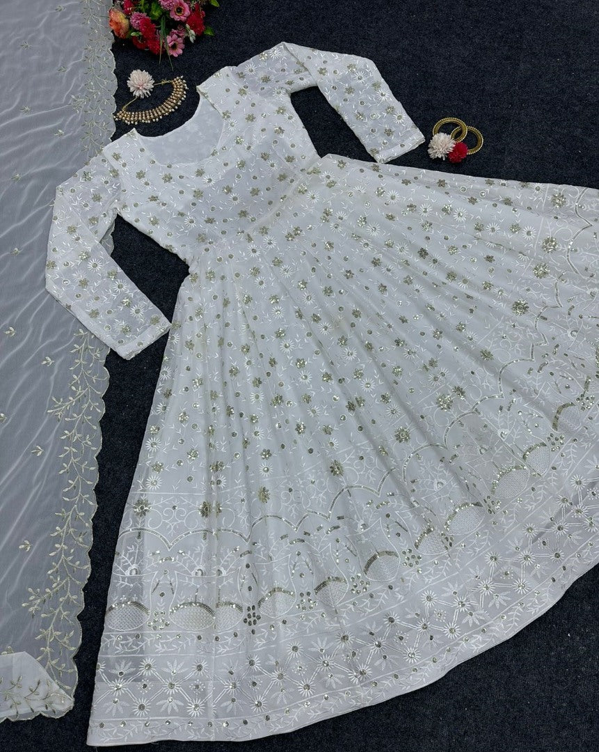 White georgette heavy thread sequence work gown for ceremony