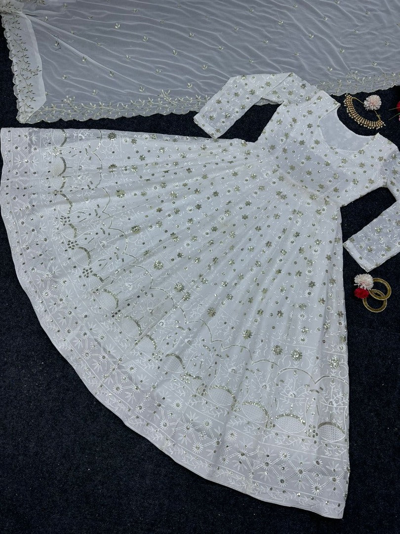 White georgette heavy thread sequence work gown for ceremony